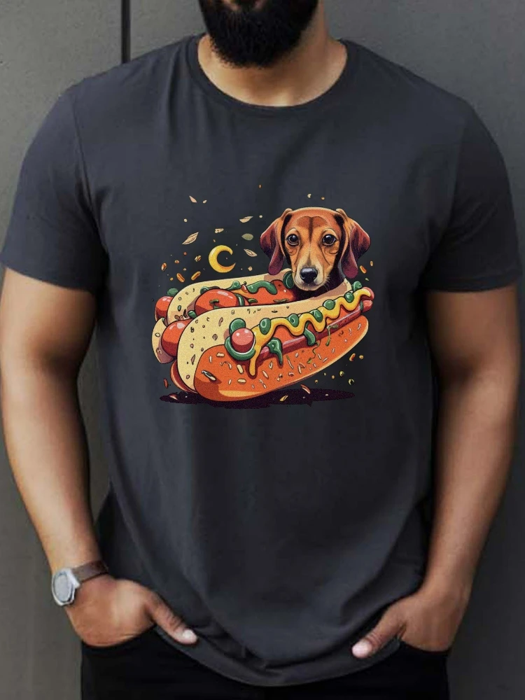 

Dachshund Hot Dog Graphic design-100% cotton summer O-neck short sleeve casual printed T-shirt