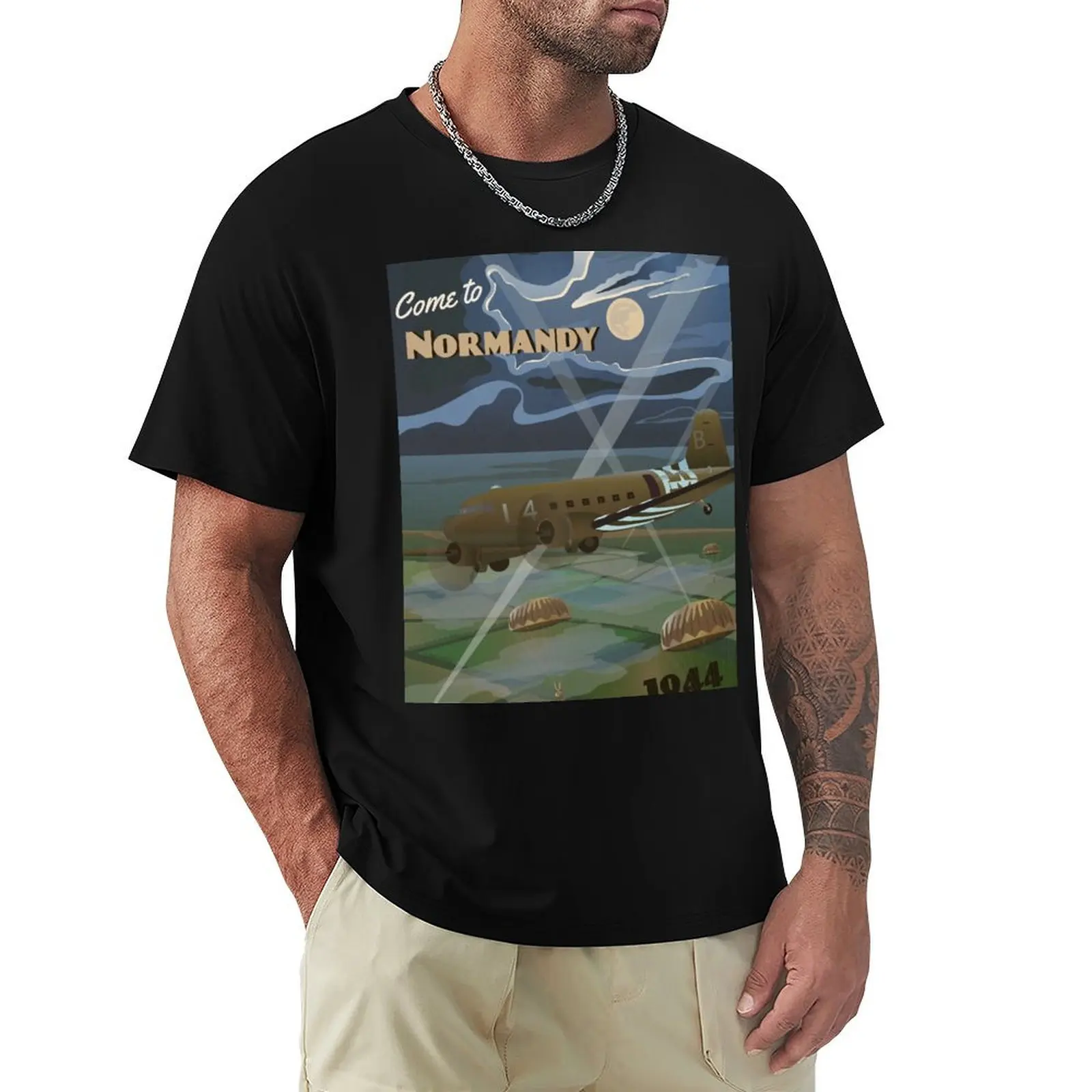 Normandy 1944 D-Day Travel Poster T-Shirt Trendy Pattern T-Shirt for Men