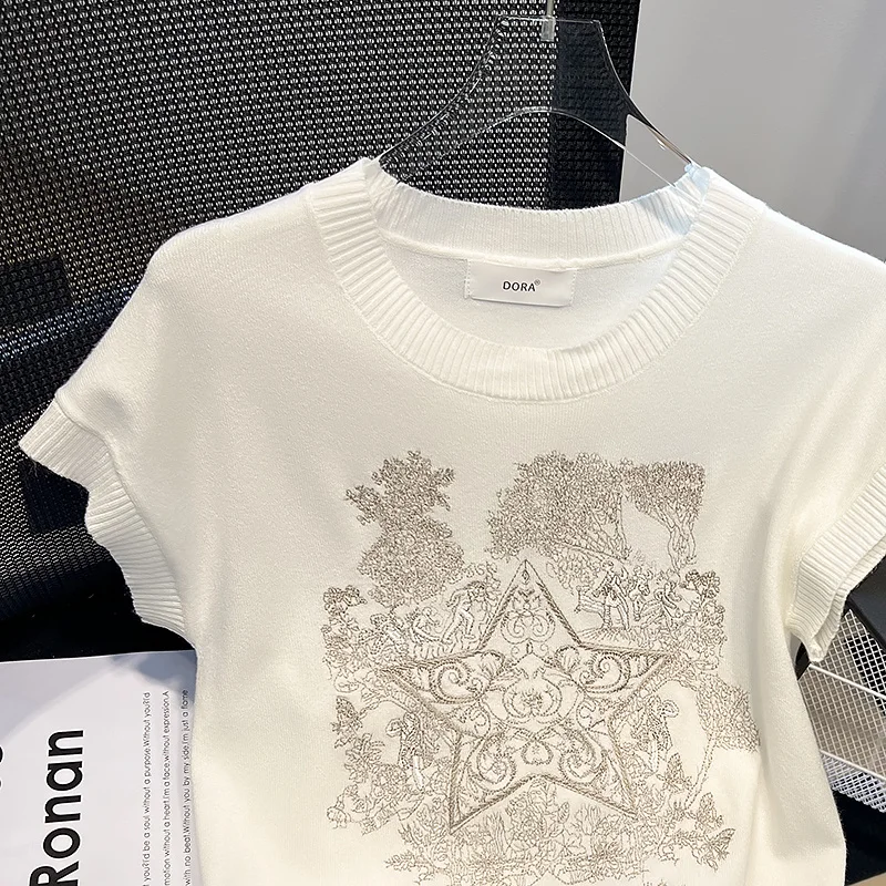 2024 lato haft koreański moda dzianina sweter kamizelka kobiety Vintage bez rękawów pulower z okrągłym dekoltem Top damski swetry damskie