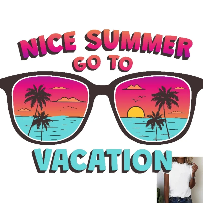 Nice Summer Vacation Sunglasses Coconut Tree Sunset Heat Transfer White Ink Iron - on Patch, For T - Shirts/Canvas Bags, Casual