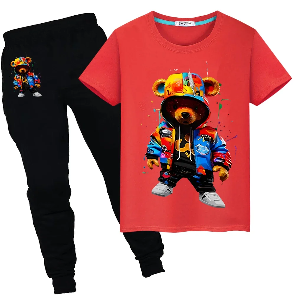 Summer suit Cartoon Bear Print 100%Cotton T-shirt boy girl Sets  pride tshirt Anime Tees 2pcs Short Tops+pant kids clothes y2k