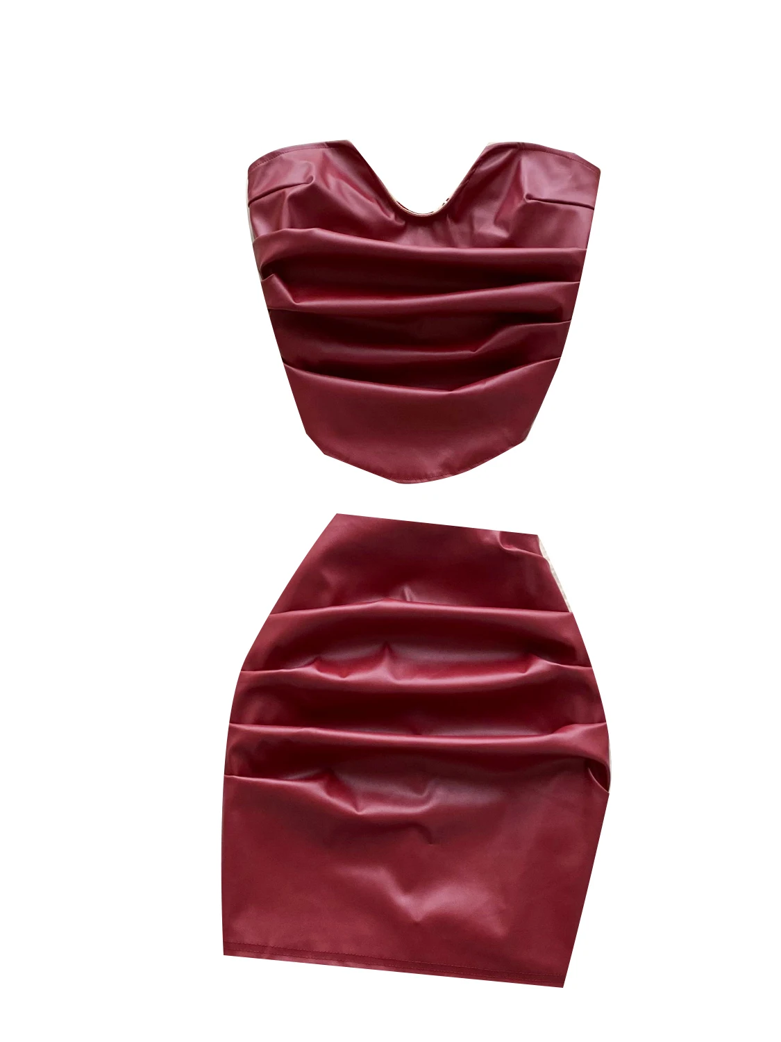 Foamlina American Ins Trendy Plissee Taille Ärmelloses Tube Top + Damen Enger Leder Pu Rock Zweiteiliger Minirock Anzug