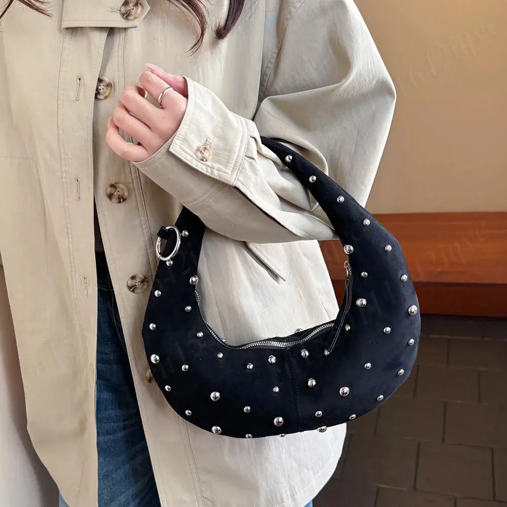 

Women Metal Studded Shoulder Bag Faux Suede Handbag Half Moon Clutch Purse Punk Rivet Crescent Dumpling Bag Y2k Underarm Pouch