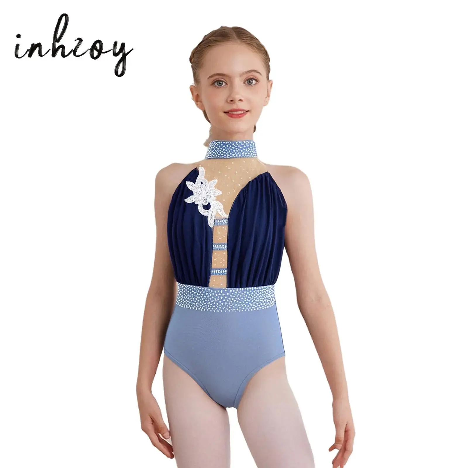 

Kids Girls Ballet Gymnastics Leotard Figure Skating Dancewear Sleeveless Keyhole Back Applique Rhinestones Color Block Bodysuit
