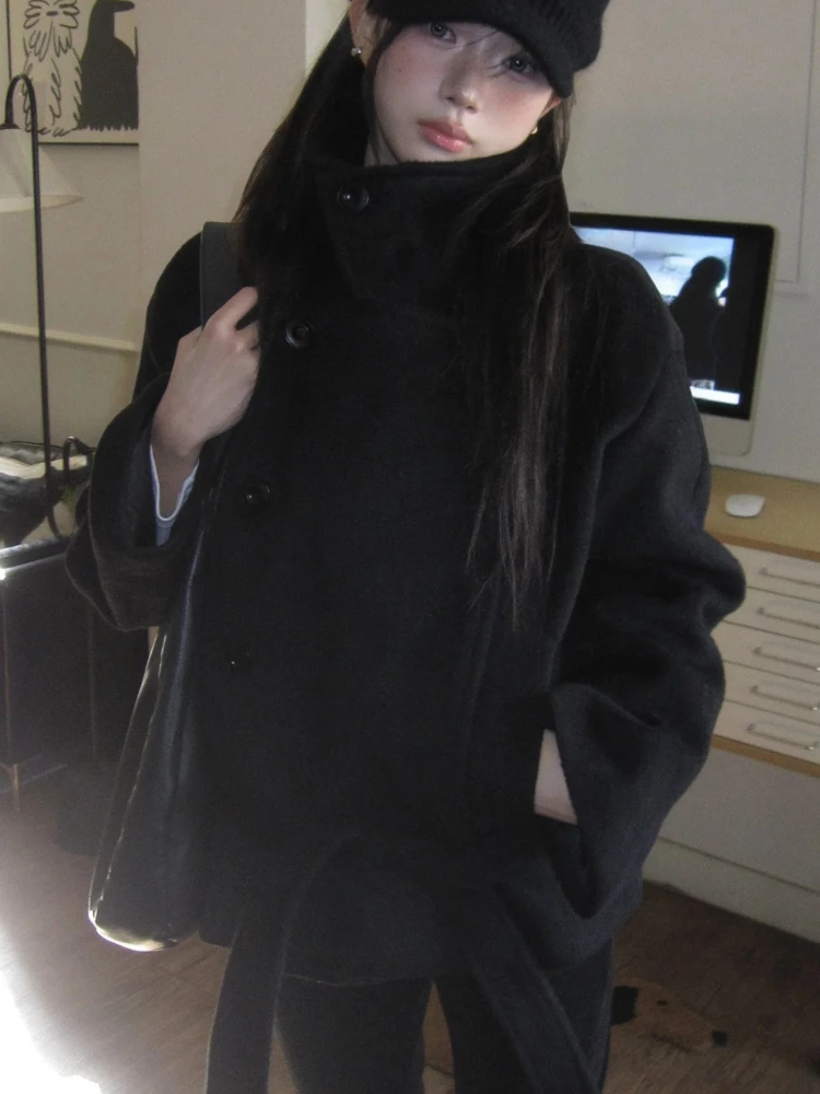 Französischer einzigartiger Vintage-Wollmantel für Damen, lockerer Stehkragen, Krawattengürtel, lange Jacke, einfarbig, elegante Büro-Casual-Oberbekleidung