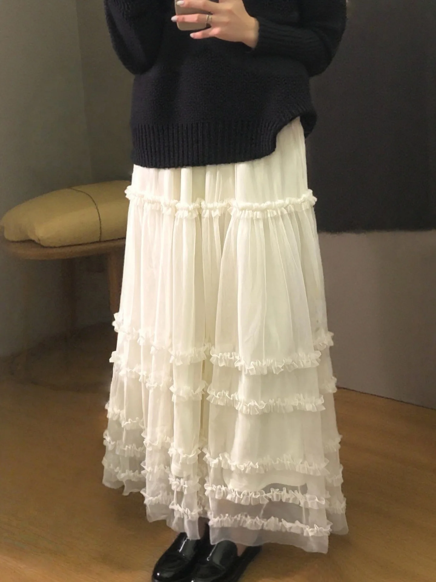 Elegant Beige Chiffon Edible Tree Fungus Ruffled Midi Skirt Women Spring Summer Tiered Puffy Cake Skirts Fleece-lined Fairy