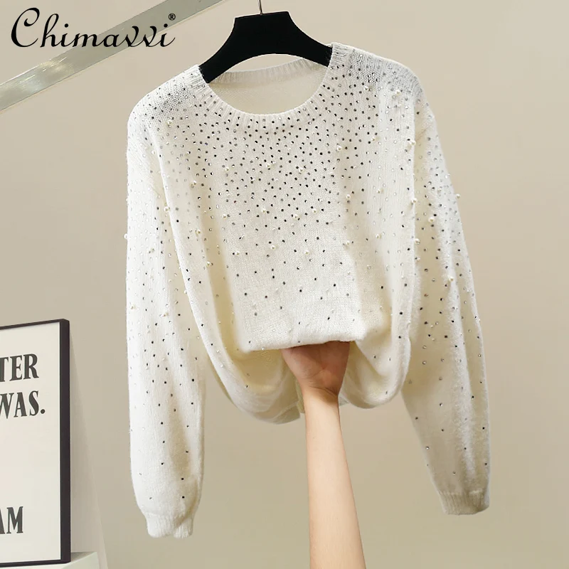 

Модный тяжелый белый вязаный свитер с круглым вырезом и пайетками, осень-зима 2022, новый свободный элегантный пуловер с длинными рукавами, топ