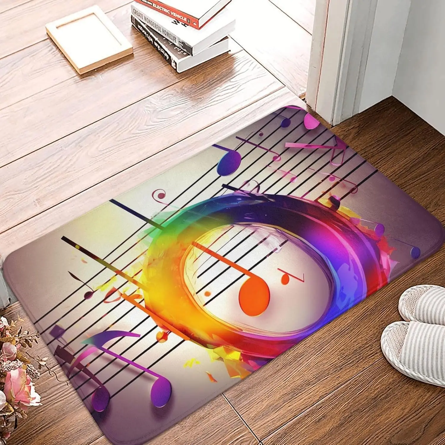 Colorful Music Note Door Mat, Rainbow Melody Art Floor Mat, Abstract Musical Instrument Entrance Rug, Non-slip Washable Studio