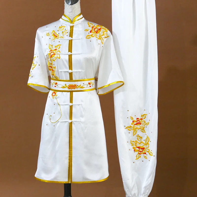 Custom Tailored Kung Fu Long Fist and Tai Chi Martial Arts Uniform for Competition Embroidered Flower Clothes