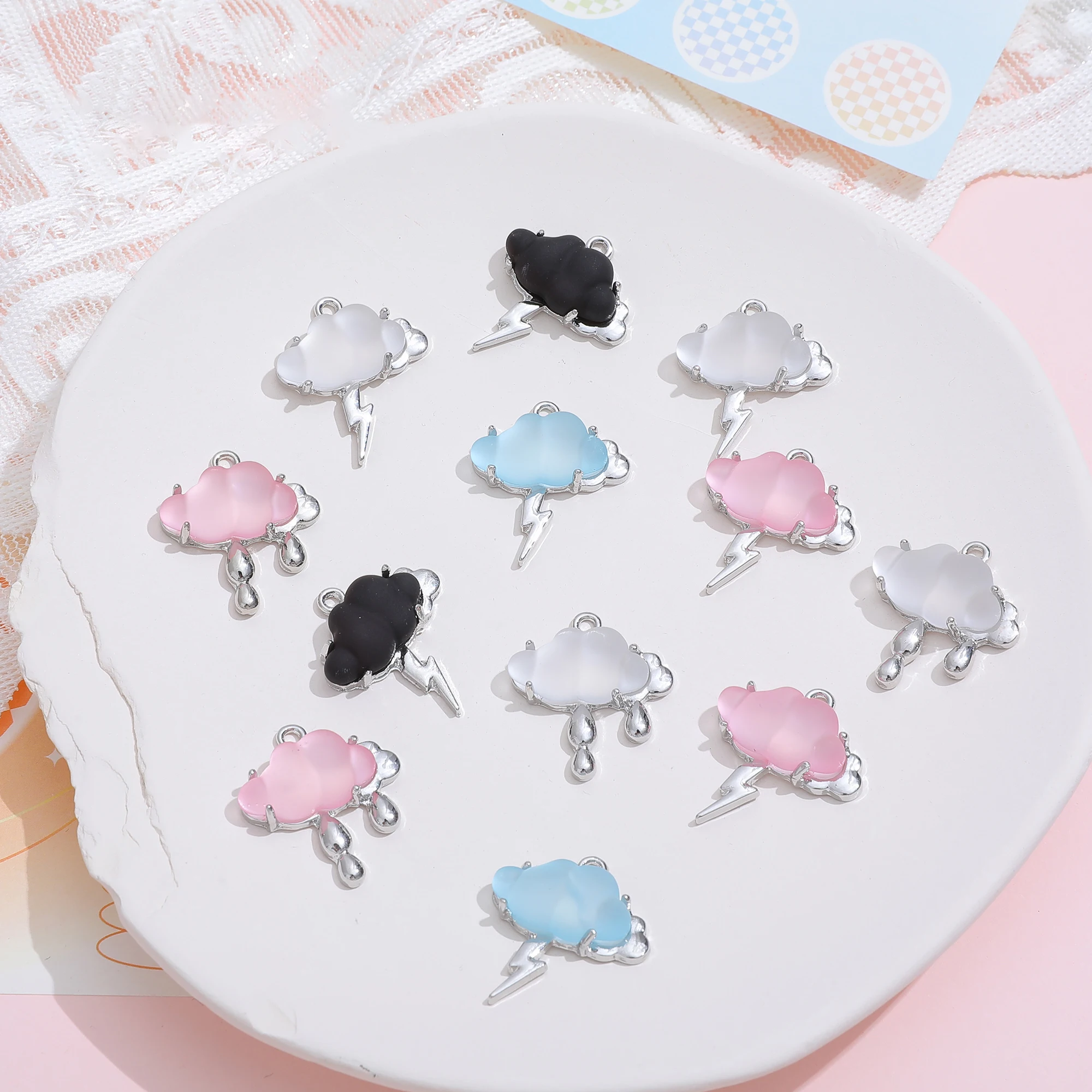 6pcs Niche Sweet Cool Lightning Raindrop Cloud Alloy Pendant Diy Handmade Earrings Necklace Accessories Materials Charms