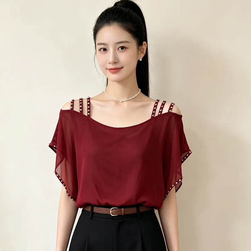 Design Sexy Off Shoulder Chiffon Shirt for Women Summer Suspender Diamond Tee Temperament Loose Top New Ladies T-shirt