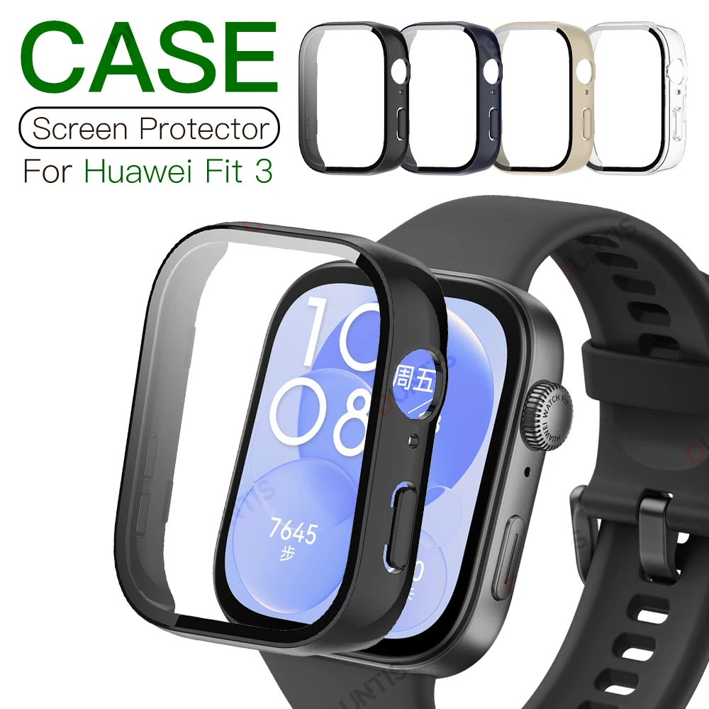 Funda + Fundas protectoras de pantalla de vidrio para Huawei Watch Fit 3, cubierta de parachoques antiarañazos para accesorios Huawei Fit 3