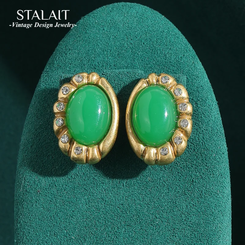 

Vintage Antique Green Earrings Jade Stud Rhinestones Natural Stone Oval Luxury Designer Bride For Women Summer Jewelry 2025