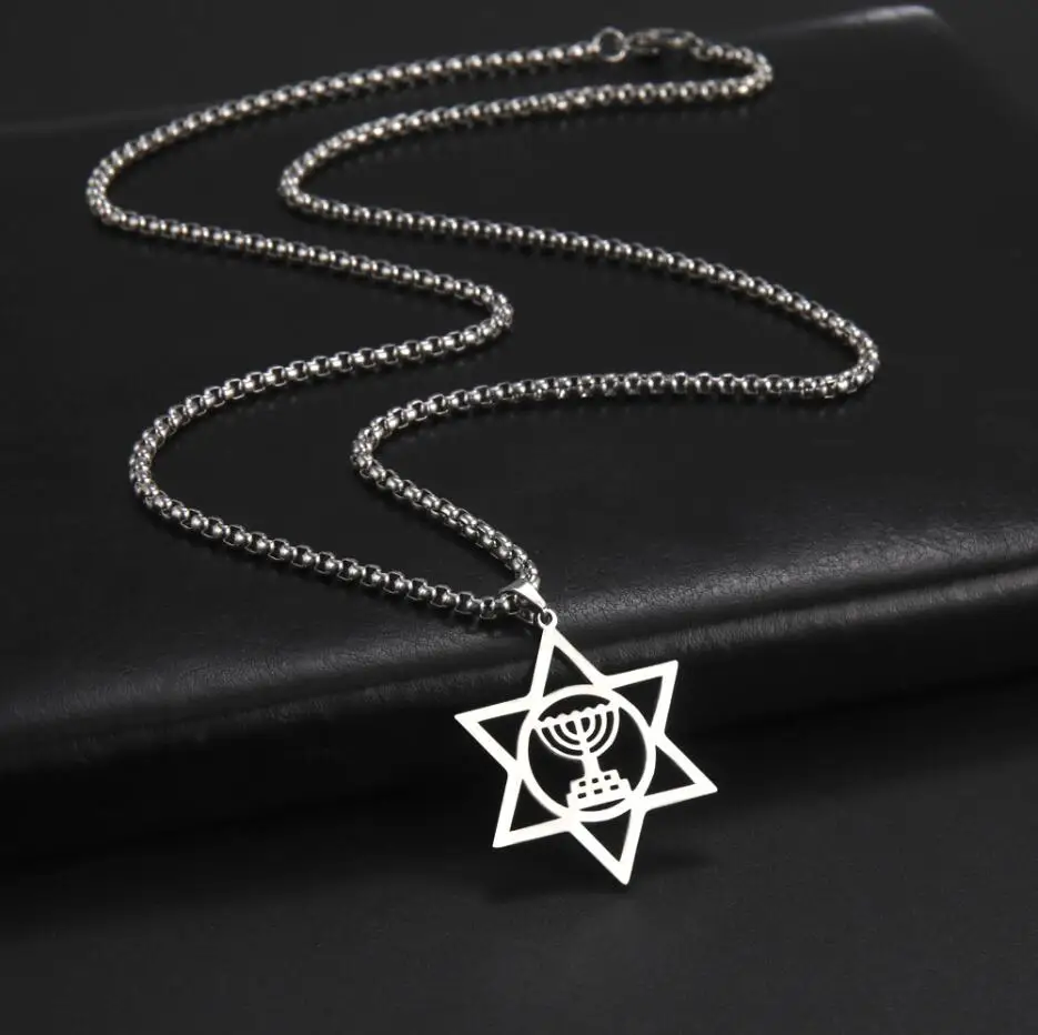 

1PC Nostalgia Religious Menorah Star David Jewish Magen Judaica Hebrew Israel Faith Lamp Hanukkah Stainless Steel Necklace F1458