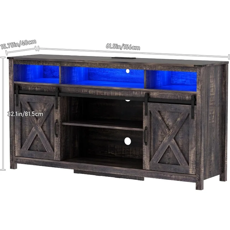 61.5in Boerderij Led Tv Stand Voor 65/70Inch Tv, Moderne Tv Staat Voor Woonkamer Met Rgb Led, Tv Entertainment Centrum