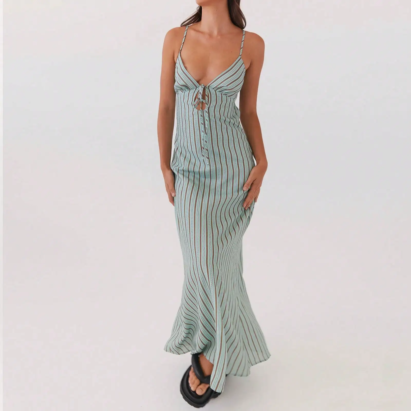 

Women's Striped Spaghetti Strap Maxi Dress with Tie-Up Front and Slit Hem