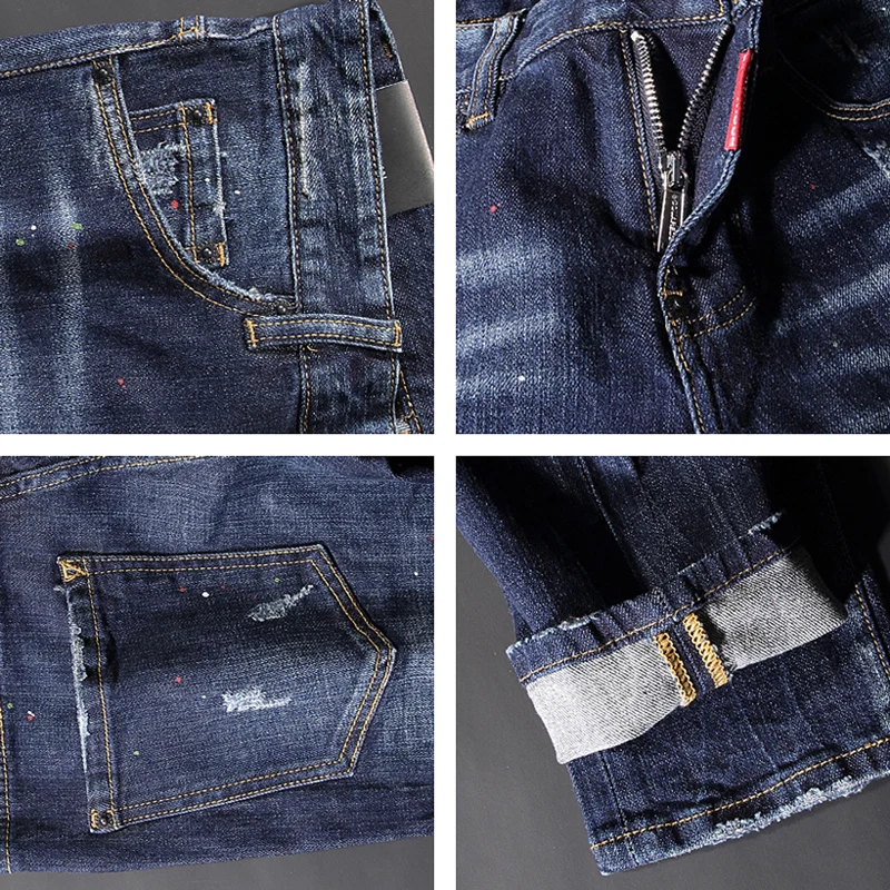 Jeans da uomo firmati di moda Jeans strappati Slim Fit elastici blu retrò di alta qualità pantaloni Vintage da uomo pantaloni in Denim di marca Hombre