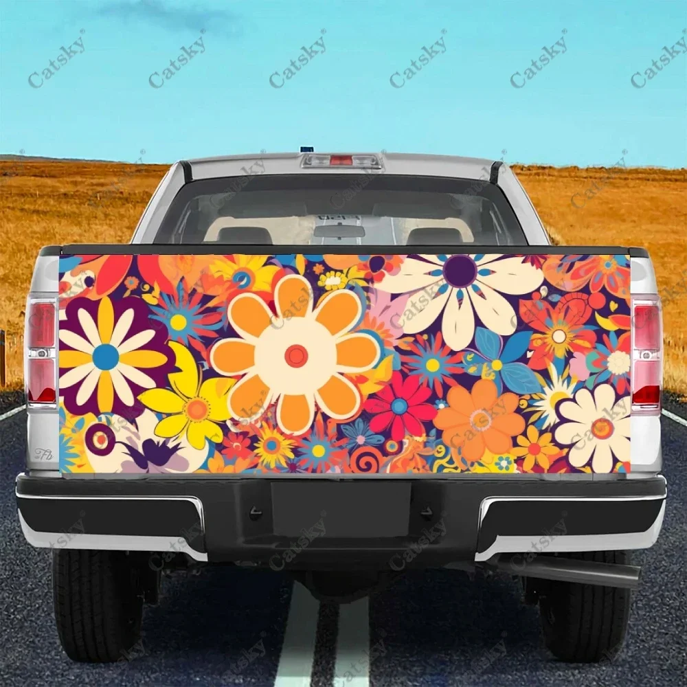 Hippie Flower Colorful Floral Truck Tailgate Wrap Professional Grade Material Universal Fit for Full Size Trucks Weatherproof