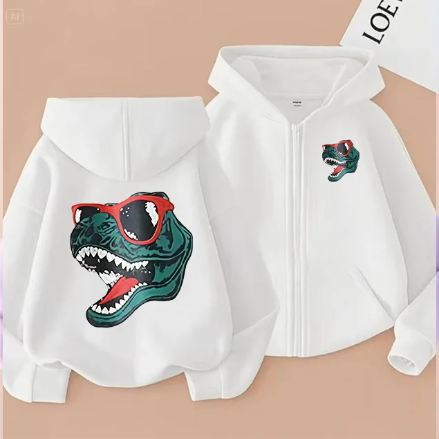 Boys Zip‑Up Hooded Jacket Cool T‑Rex Dinosaur Sunglasses Print Kids Long Sleeve Zipper Hoodie Casual Loose Children Outerwear