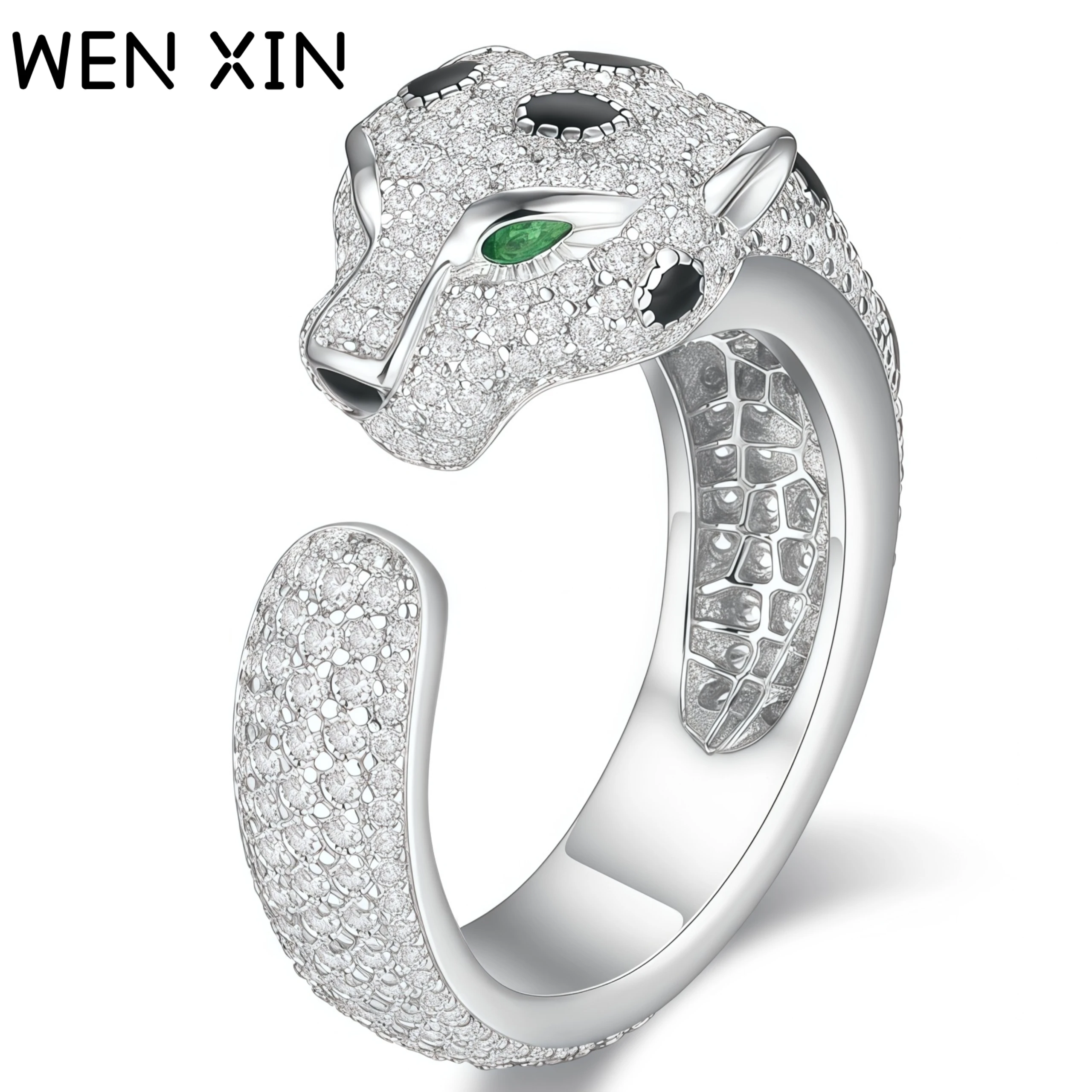 

WENXIN Brand High Quality 925 Sterling Silver Green Eyed Leopard Head Black Leopard Ring Woman Open Leopard Ring Jewelry