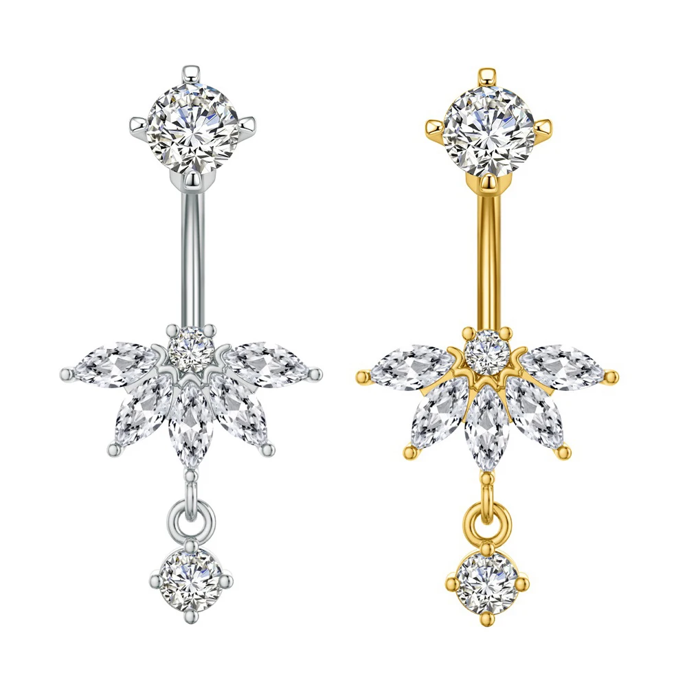 1pc Fan-Style Belly Button Rings Gold Color Dangled Belly Piercing Jewelry Flower Heart Crystal Zircon Curved Navel Ring Women