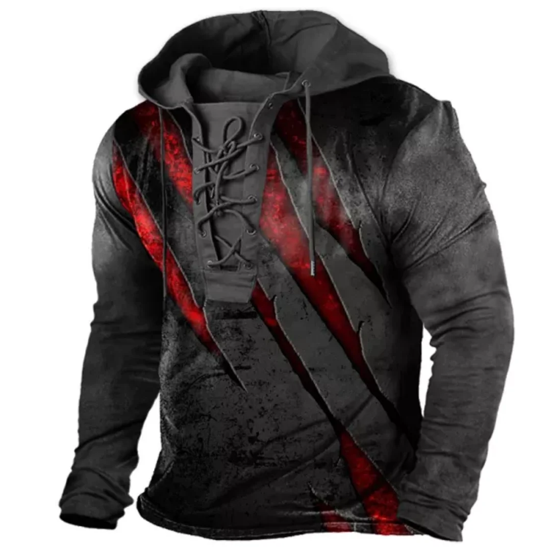 Men Claw Mark Print Lace Up Hoodie Long Sleeve Drawstring Casual Pullover
