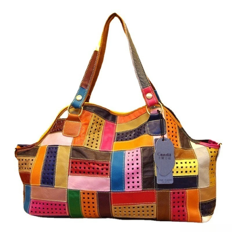 Vintage Colourblock Shoulder Bag for Women Genuine Leather Full Grain Leather Large Capacity Adjustable Strap Luxury Handbag