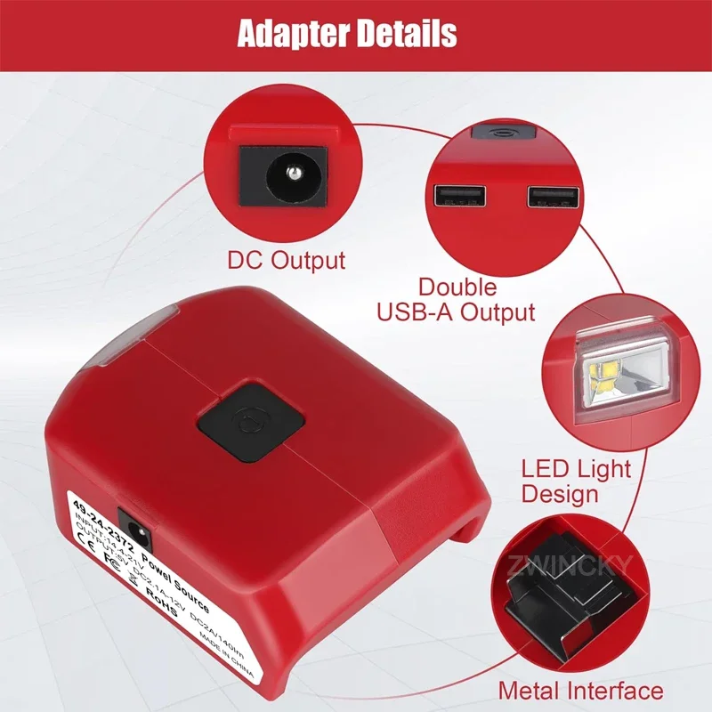 For Milwaukee 18V Li-ion Battery Battery Adapter With Dual USB Port DC Port LED Light Can Charging For Phone