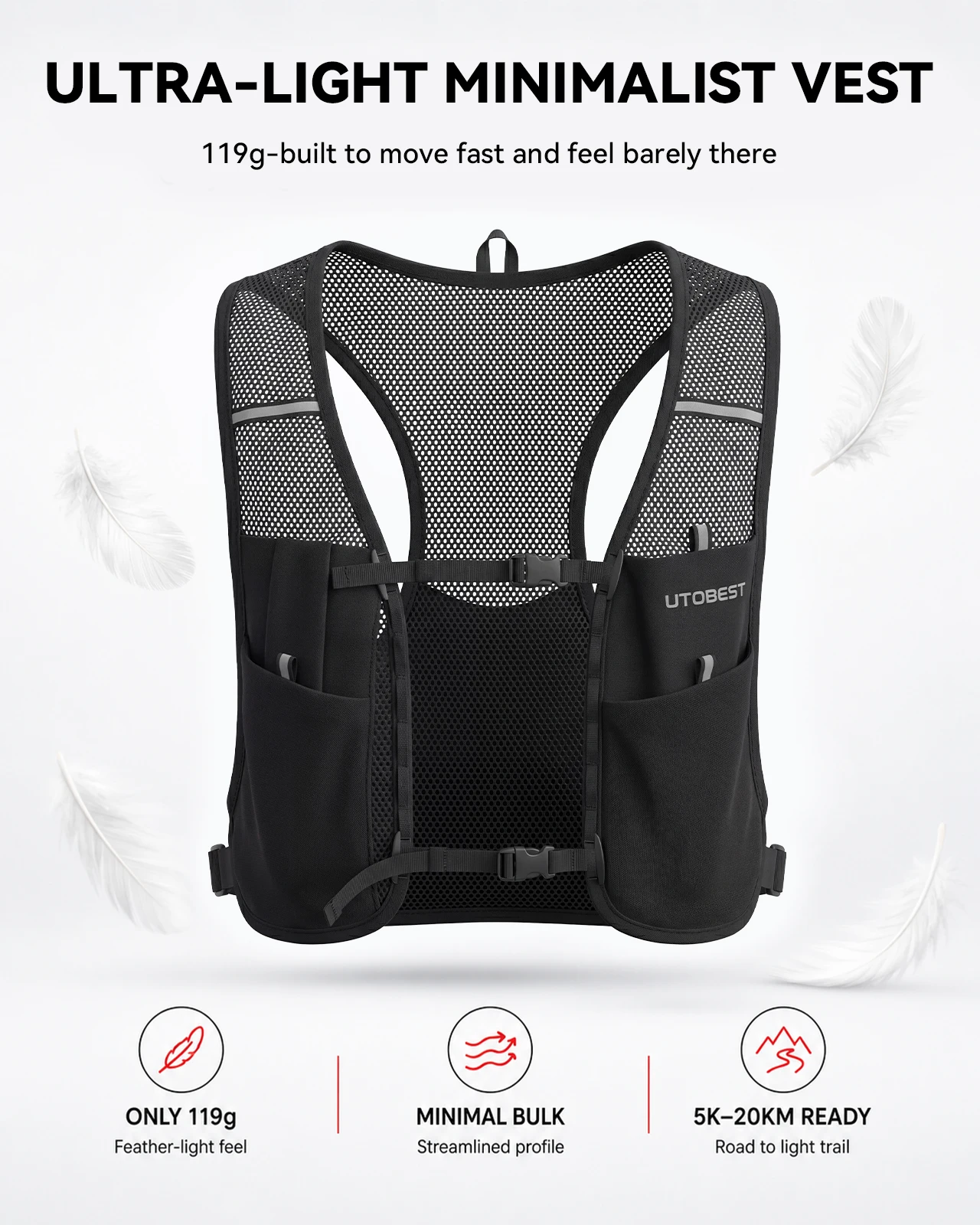 UTOBEST Ultra-Light Running Vest Men Women Breathable Hydration Backpack Reflective Sports Water Bag Pack for Trail Hiking