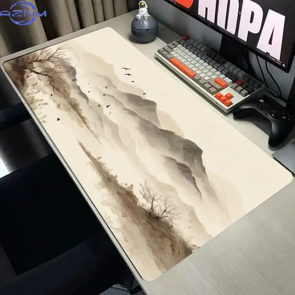 Large gamer MousePad Desk Mat Keyboard Pad Chinese Ink Wash Mountain Landscape Wild Bird Retro Oriental Art Print NonSlip Rubber