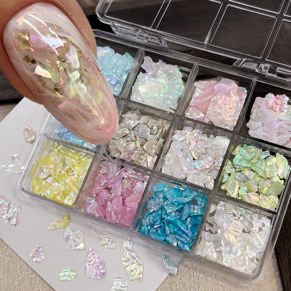 12Grids Colorful Natural Abalone Shell Flakes Nail Art Charms Aurora Rainbow Irregular Thin Shell Fragments DIY Summer Nail Deco