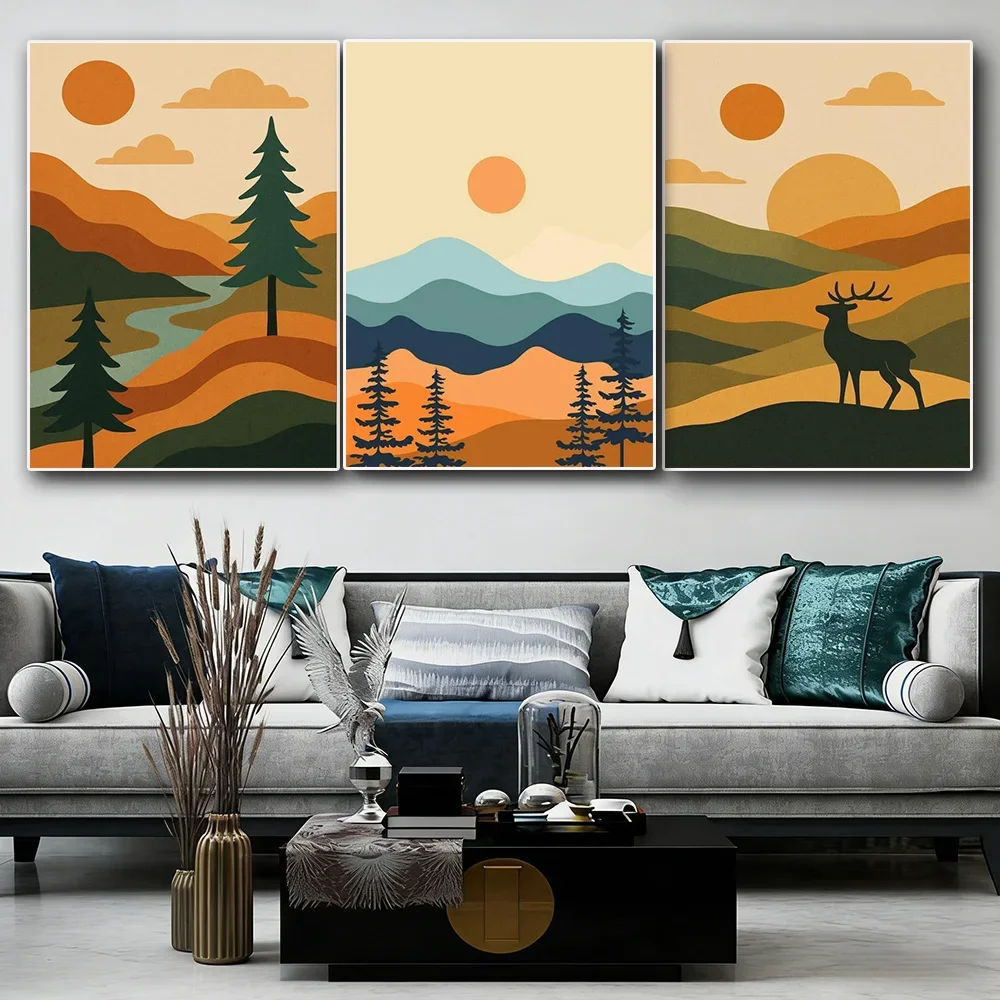 1PC Large-sized frameless canvas paintings,Boho Abstract Landscape Wall Art Mid Century Modern Canvas Painting Minimalist Sun Mo
