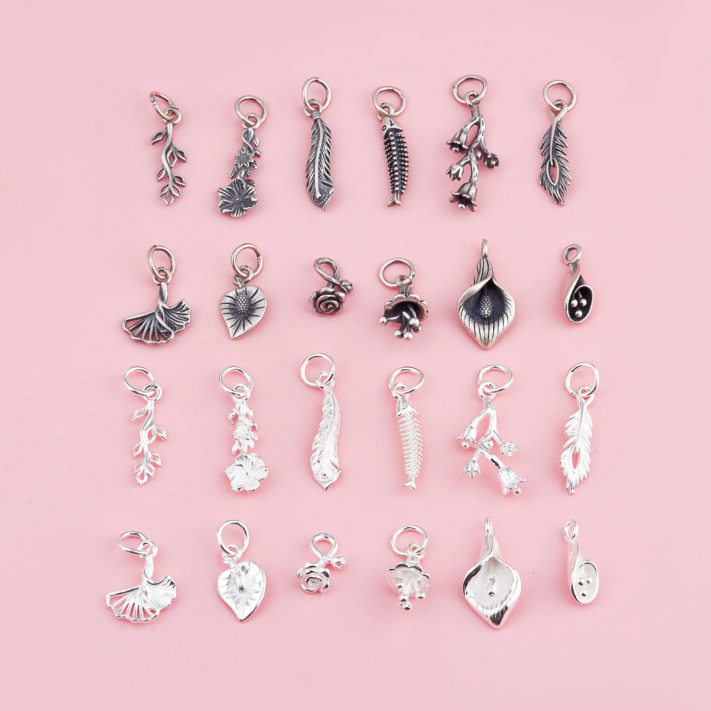 S925 pure silver leaf hibiscus gingko leaf bellflower leaf long strip fishbone pendant for DIY string bracelet accessories