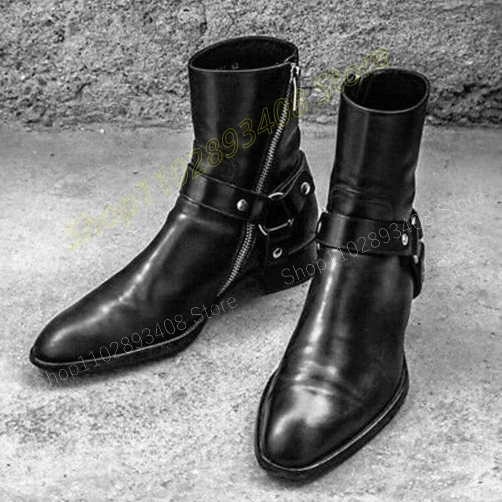 

Black Punk Style Men Ankle Boots Leather Round Rivets Cool Cowboy Pointey Side Zipper Knight Men Shoes 2024 Zapatillas Mujer