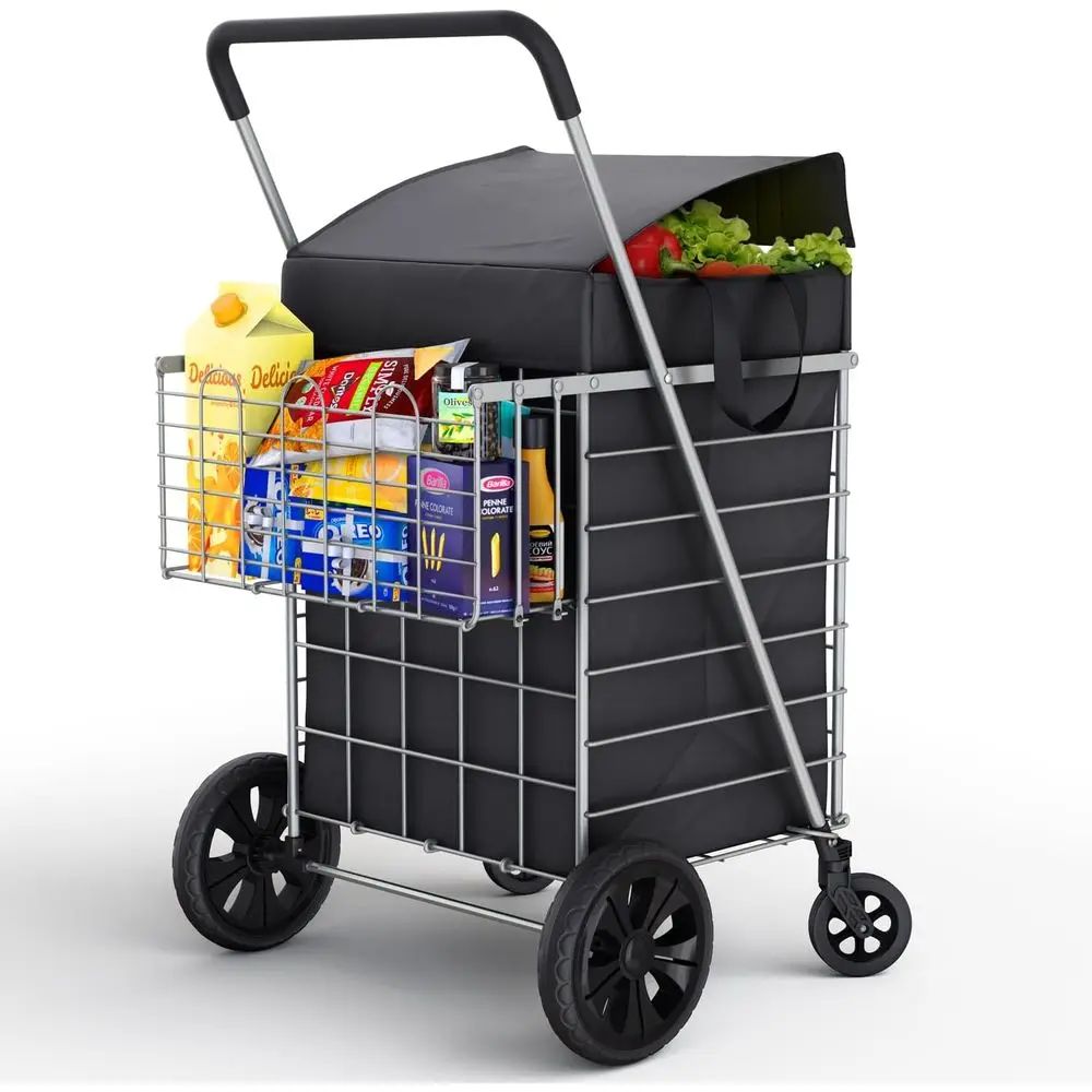Carrito de Compras Plegable con Forro Impermeable para la Cesta y Rotación de 360 Grados ° Ruedas giratorias - Ideales para compras, lavandería y servicios públicos - Silv