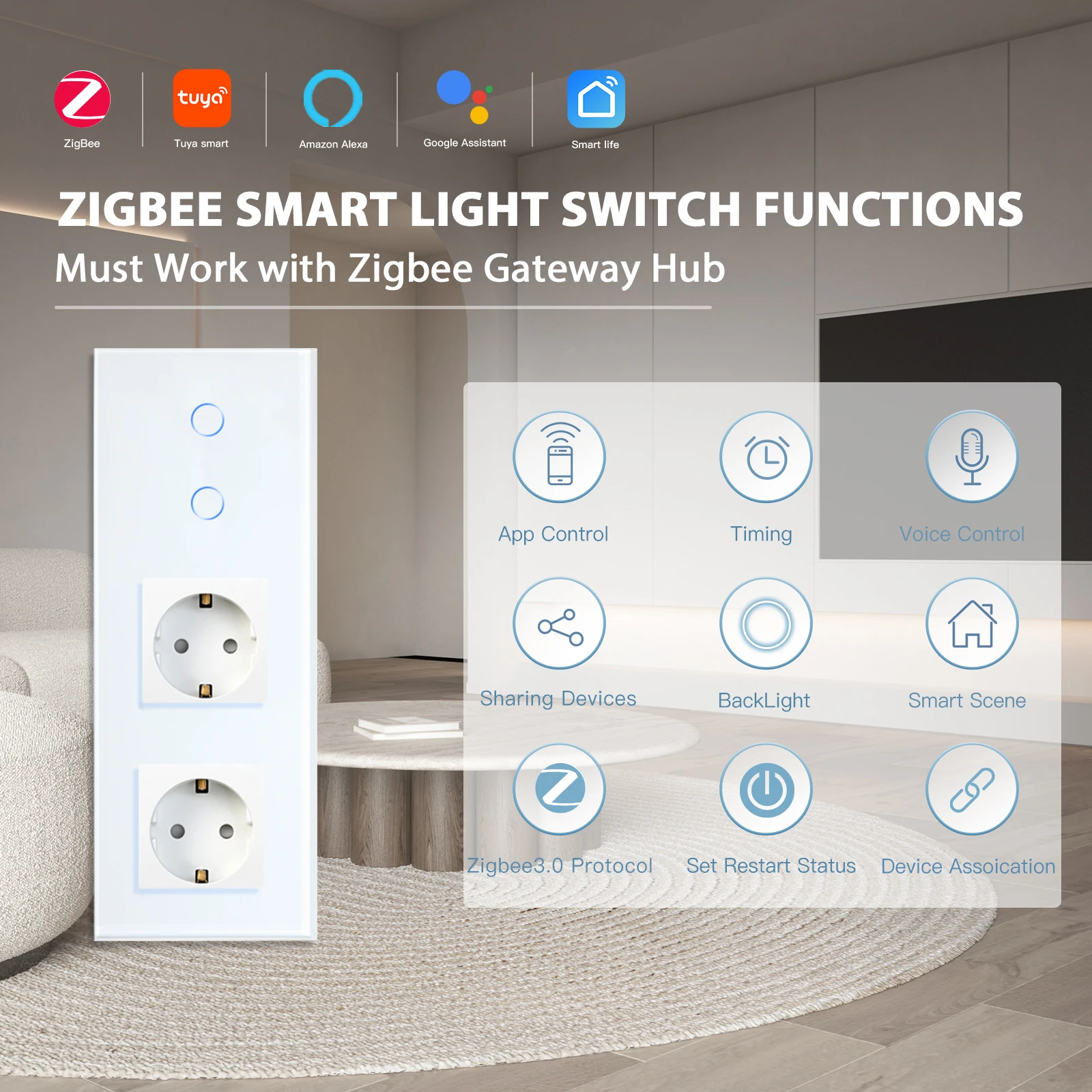 BSEED Zigbee Wifi Touch Switches 1/2/3Gang 1Way Smart Wall Light Switches Wireless App Control With EU Standard Wall Sockets