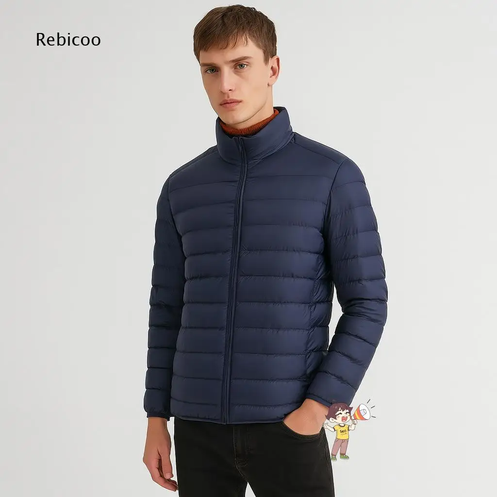 Mens Portable Light Puffer Jacket Stand Neck Full Zip Smooth Fabric For Multi Scene Office Travel Cold Weather Daily Matching