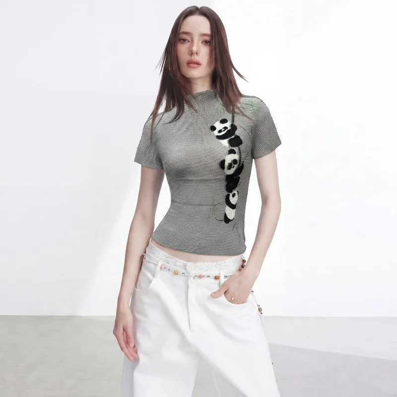 Miyake Pleated 2026 Summer Casual Fashion Slim Fit Top Panda Print Pleated Simple Versatile Commuter Short Sleeve T-Shirt Pleat