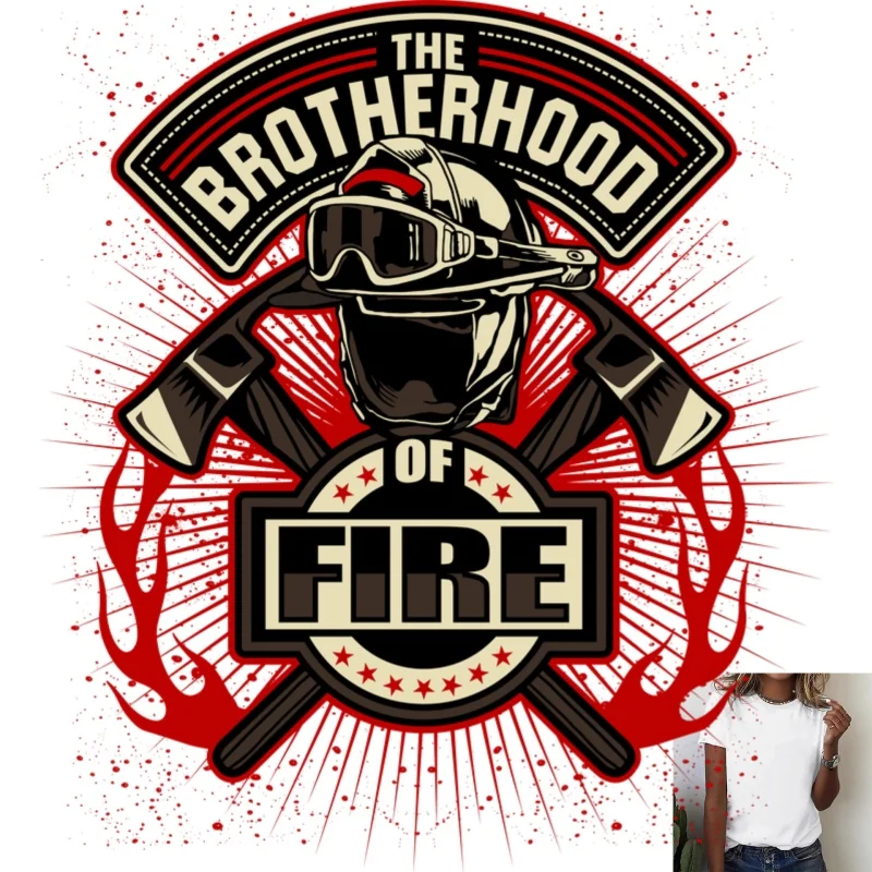 The Brotherhood Of Fire Themed Heat Transfer White Ink Iron - on Patch, Stylish Flame & Axe Pattern, Suitable for T -