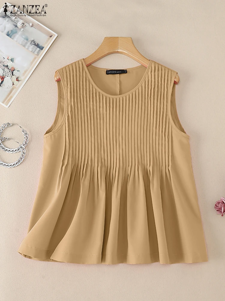 ZANZEA Vintage Holiday Tanks Tops Summer Fashion Shirt Women Sleeveless Pleated Blouse Casual O Neck Beach Tees Female Blusas