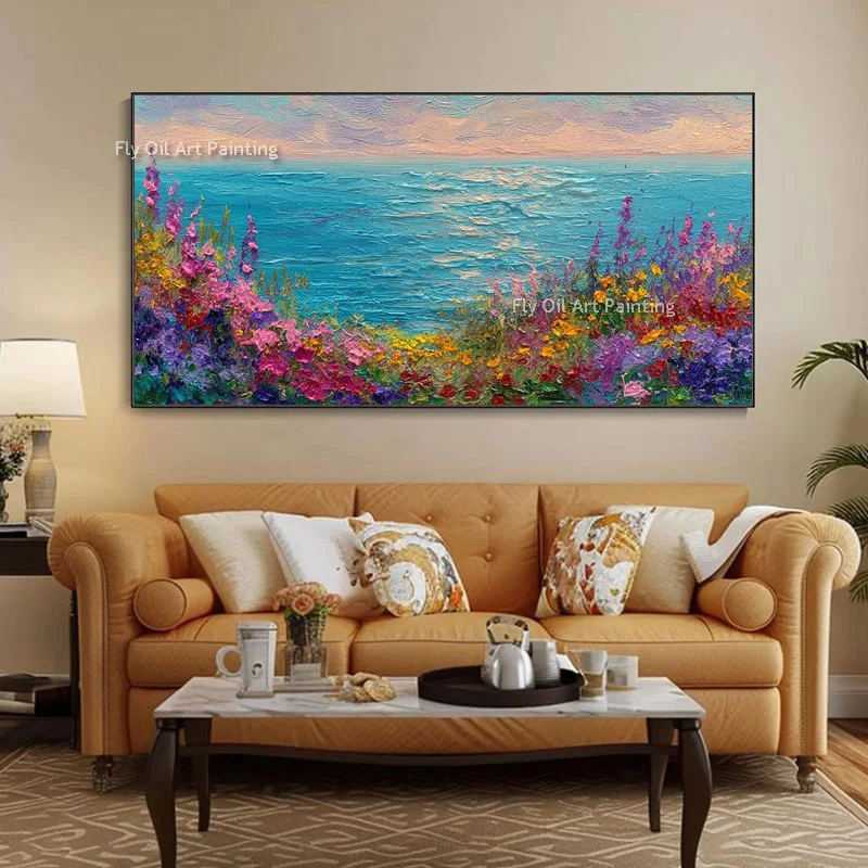 Original Hand‑Painted Colorful Floral Canvas Art, Heavy Texture Wild Poppy Oil Painting, Bright Farmhouse Living Room Wall Decor