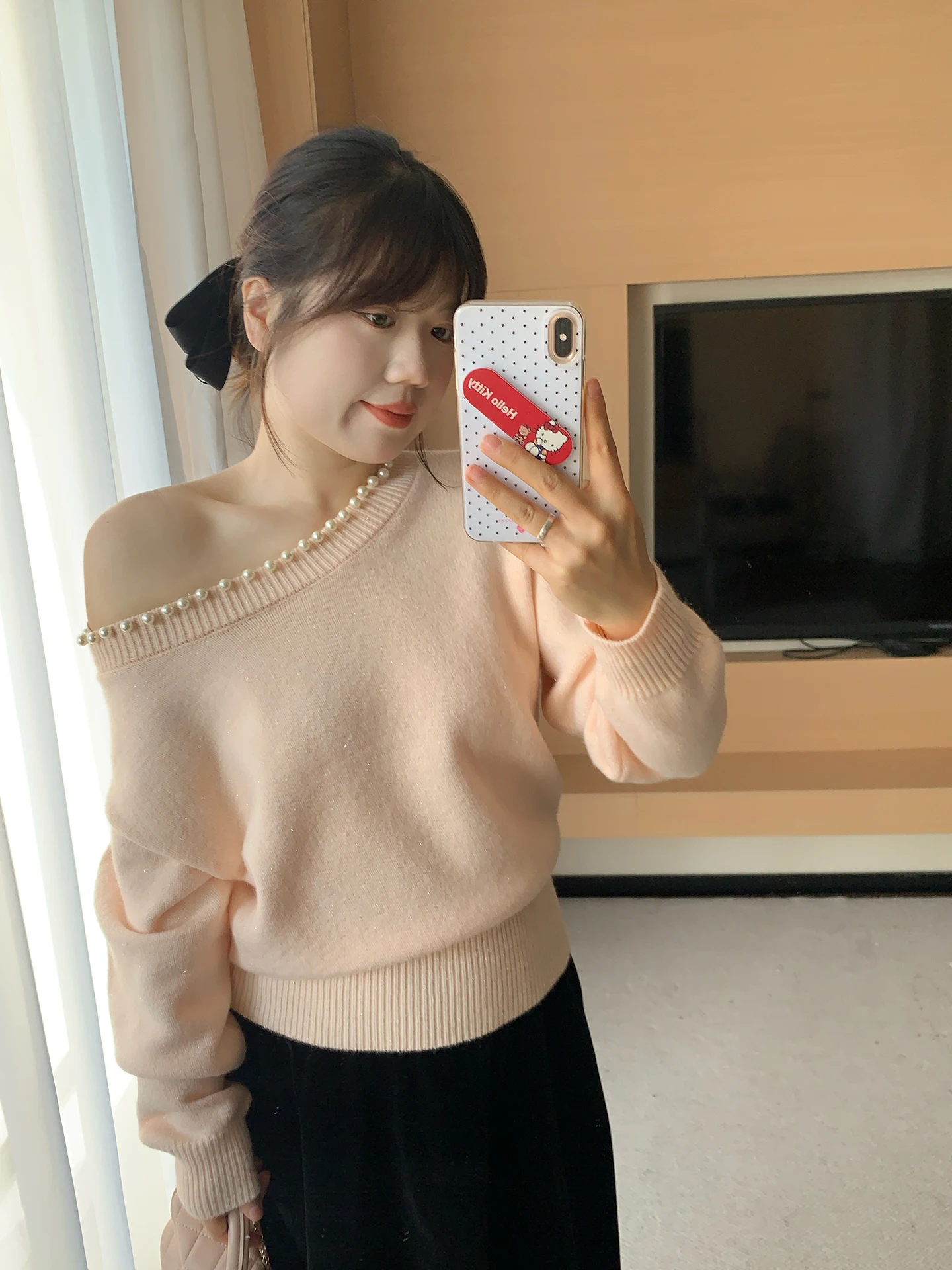 

Вязаный свитер Mimi большого размера с жемчужным декором, свободный крой, длинный рукав, дизайн «Pure Desire», двусторонний, для зимнего тепла