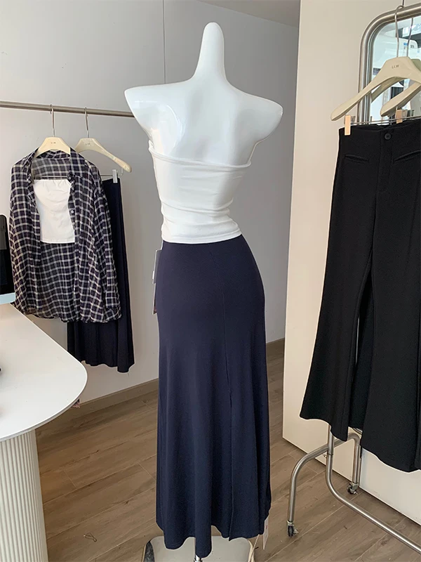 

Early Autumn Women's Loose Casual Plaid irt Inner Tube Top High Waist Skirt Set Long Sve Comfortable Faion Ensemble