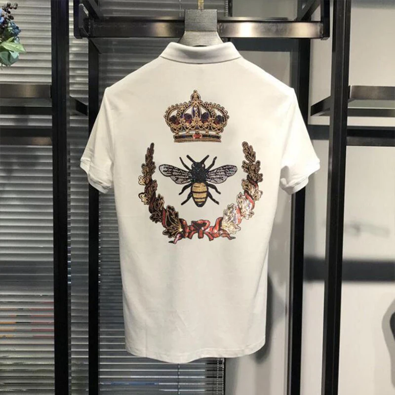 

Men's Polo Short Sleeve T-shirt Bee Crown Diamond Rhinestone Design Latest Summer Trend Male Lapel Tees Blue Cotton Man Clothing