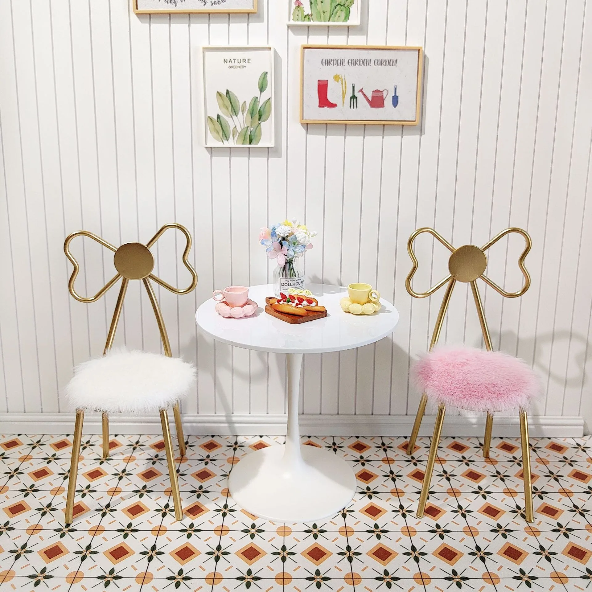 Dollhouse 1/6 Scale Vanity chair with Fur Rug BJD Dollhouse Miniature Furniture Butterfly Chairs Bedroom