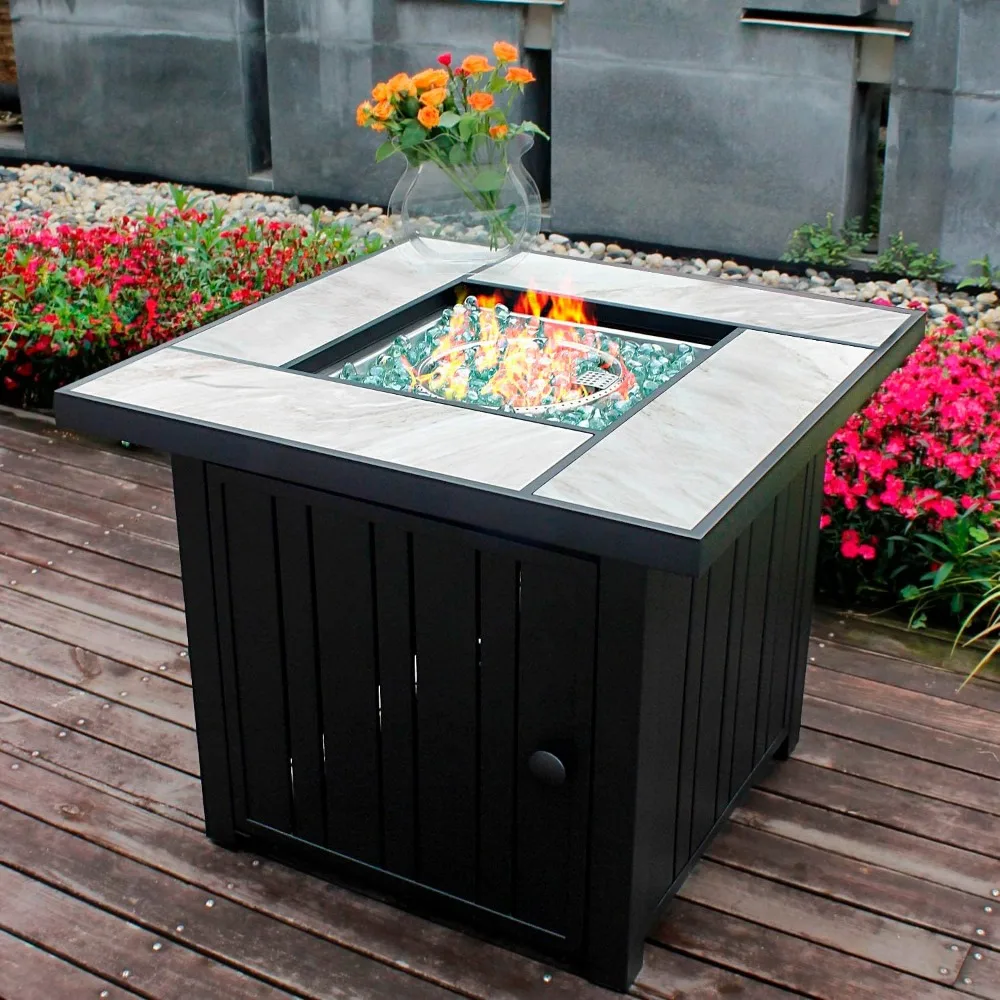 Propane Pit with Real Ceramic Tabletop, 50000 BTU Gas Pit Table, Outdoor Pit with Lid and Glass Stone, 30 in