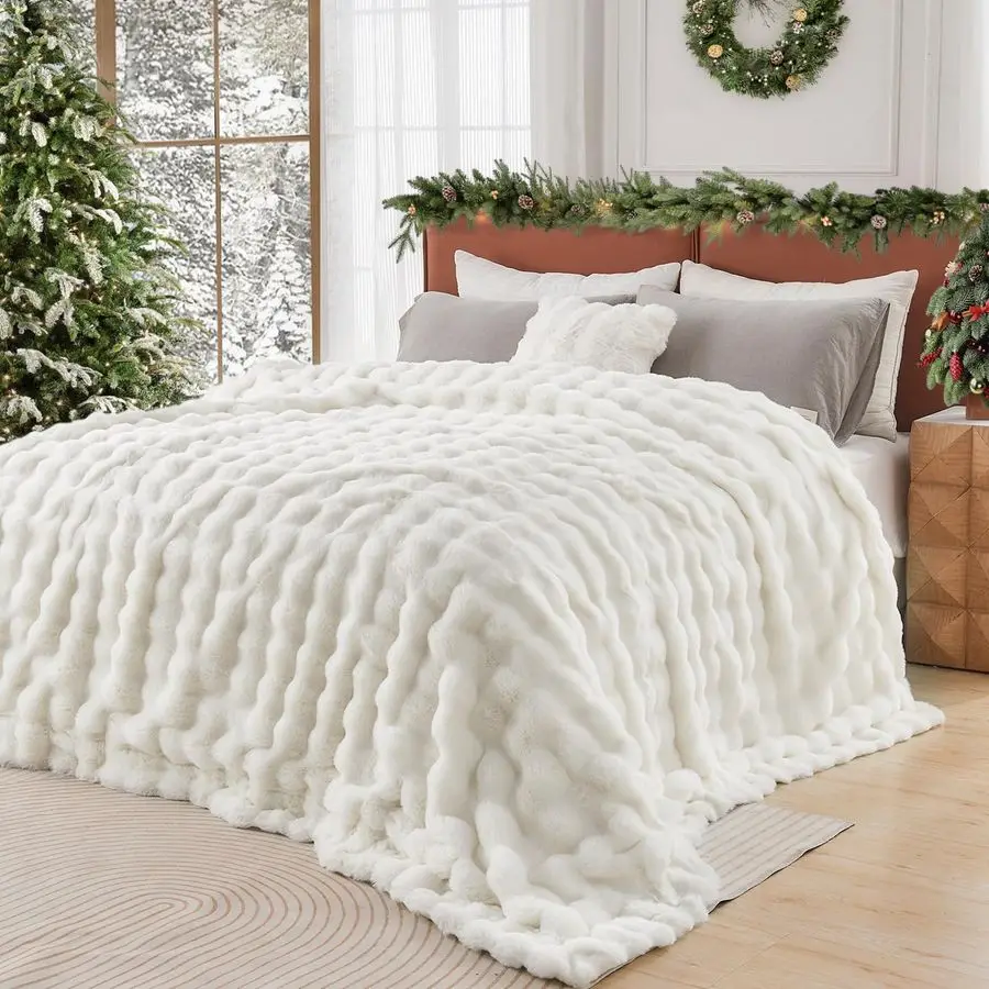 

King Size Faux Fur Blanket Cream White Big Bubble Rabbit Fluff Throw for Bed Large Fluffy Fuzzy Cozy Thick Furry Plush Shaggy Bl