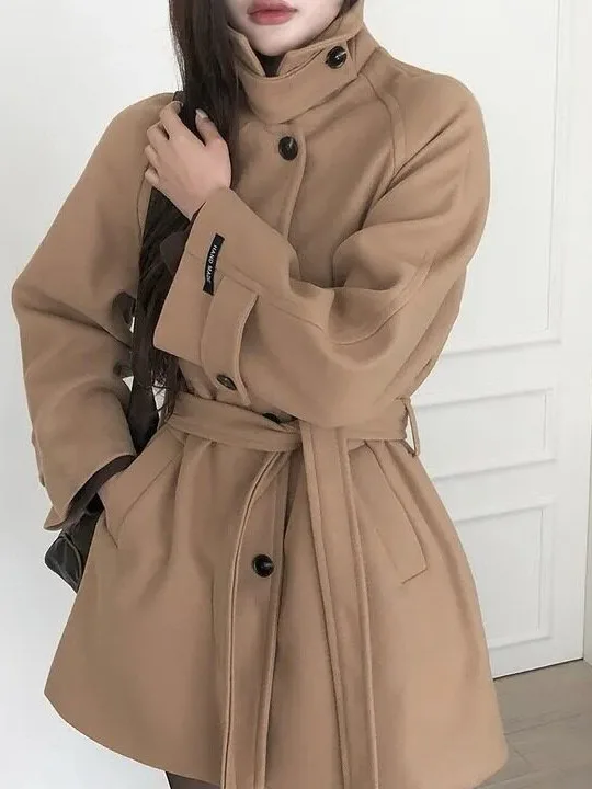 Khaki Short Woolen Coat Women's 2026 Autumn Winter Korean Style Premium Feeling Small Size Tweed Coat Female Outerwear