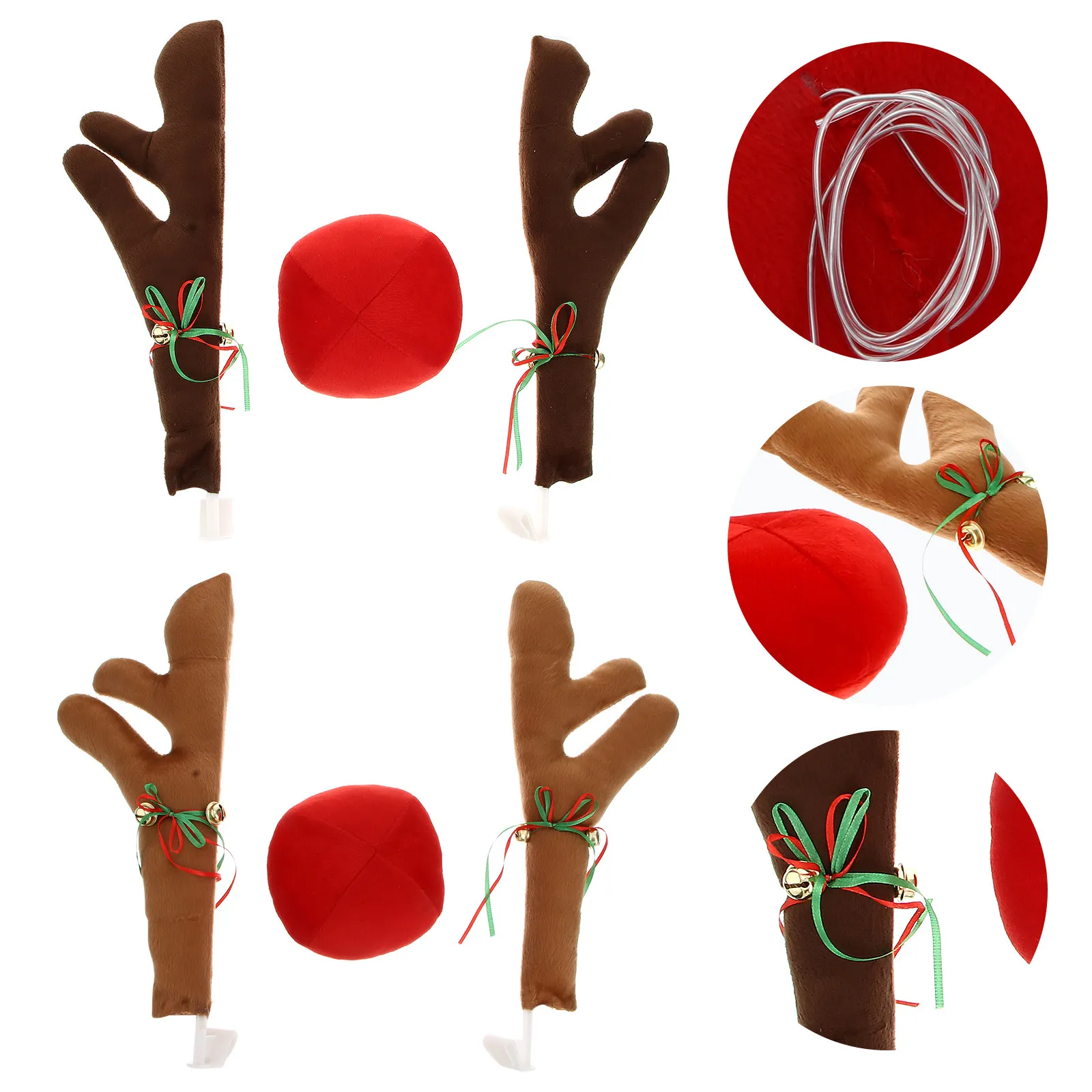 2Sets Christmas Car Antlers Decor Premium Flannel Reindeer Ears Nose Set Easy Install No Tools Car Window Bumper Holiday