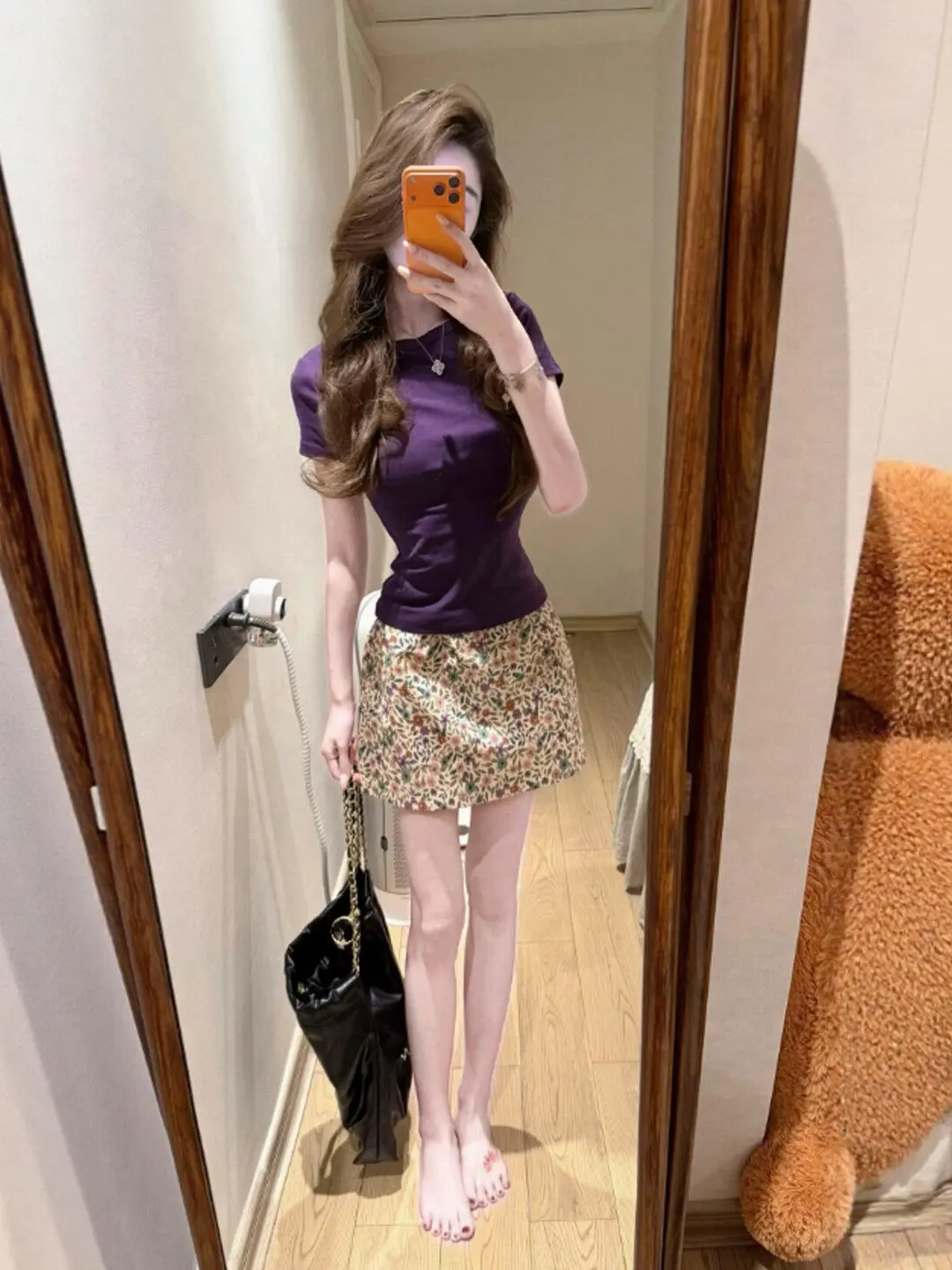 

Gentle Wind Unique Beautiful Purple Floral Half Skirt Two Piece Set Complete Outfit Summer Comfortable Short Sleeve T-Shirt